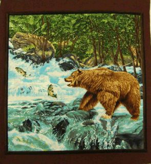 Bear Mountain Bear Catching Salmon Fabric Pillow Panel