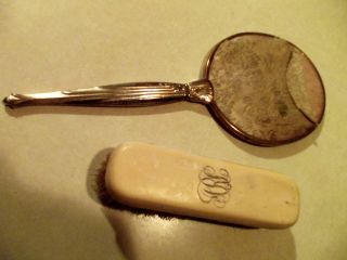 Vintage Antique Heavy rounded hand held vanity mirror & brush plated 