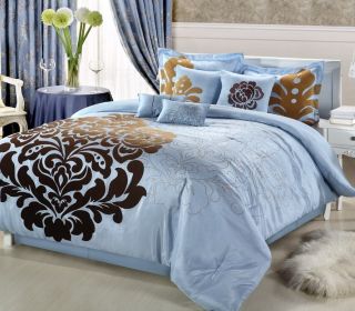   Blue Brown Bronze 8 Piece Queen Comforter Bed in A Bag Set New