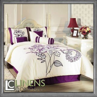   PC Beige w Purple Flocking Blossom Floral Comforter Set Bed in a bag