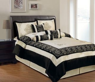   Bedding Faux Silk Beige and Black 7 Pcs Queen Comforter Set