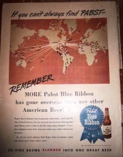 1945 Pabst Blue Ribbon Beer World Map Color Ad