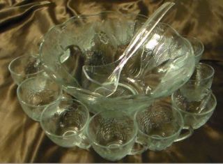 VINTAGE INDIANA GLASS PUNCH BOWL SET, 14 pieces (punch bowl, ladle, 12 