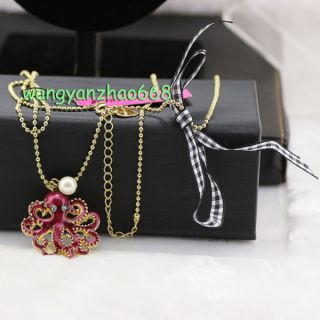 Betsey Johnson Dark Red Octopus Pearl Pendant Crod Bowknot Gold Plated 