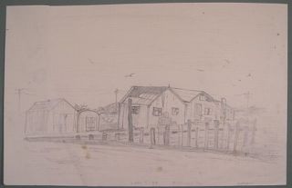 Biddeford Pool, Maine, bait houses, 1952 drawing & card