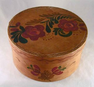 Old Painted Bent Wood Box Floral Decoration on Yellow Background Lift 