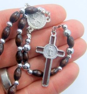 Saint St Benedict Brown Stretch Rosary Wood Bead Silver Plate Medal 