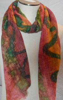 Bindya Lightweight Wool Silk Blend Squiggle Print Scarf in Jewel Tones 