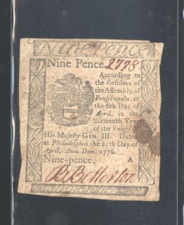   COLONIAL CURRENCY 9 PENCE 4/25/1776 SIGNERBETTERTON #A90
