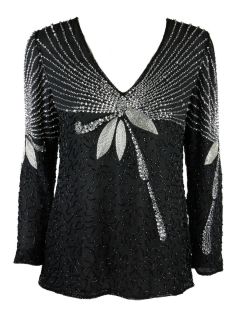 Beyond Vintage Womens Black Swirl Leaf Embellished Blouse Top s $485 