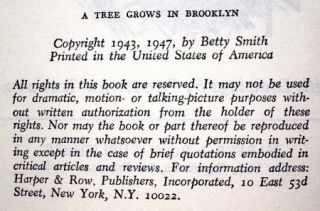 TREE GROWS IN BROOKLYN By Betty Smith 1947 HC Harper & Row Book Club 