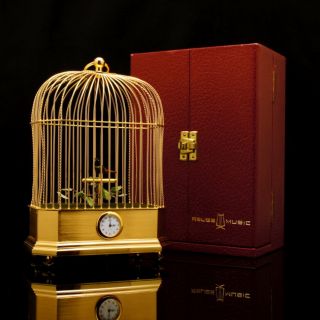 RARE SWISS MUSICAL SINGING BIRD CAGE CLOCK + BOX AUTOMATON MUSIC 