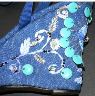 New Beverly Feldman Intricate Beadwork Platform Wedge Shoes 