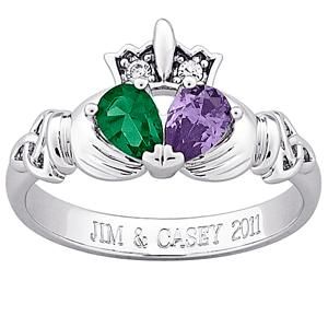   Couples Platinum Plated Engraved Claddagh Birthstone Ring