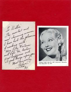 THELMA TODD NOTE TO BILLIE DOVE AUTOGRAPHED AND DATED (1929 