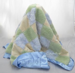   Squares Green Chenille Shaggy Baby Blanket Blue Satin Back
