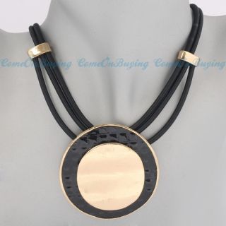   Golden Circle Round Black Leather Pendant String Necklace