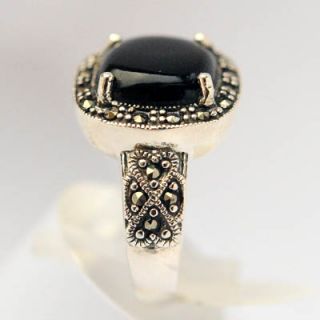 Marcasite and Black Onyx 925 Sterling Silver Ring Sz 8