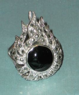 New $88 Fire and Flame 925 Black Onyx Marcasite Ring Sz 8 Sterling 