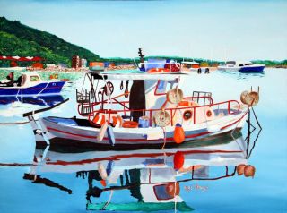 242   ORIGINAL Painting by Ezi Algazi   Boat Docked in Calm Water