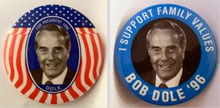 1996 Bob Dole for President 2 GOP Pin Buttons Family Values Free SHIP 