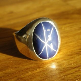 Unique Heavy Custom Mens Ring w An Oval Blue Star Sapphire in Sterling 