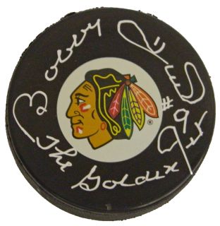 Bobby Hull signed Chicago Blackhawks logo hockey puck with HOF 1983 