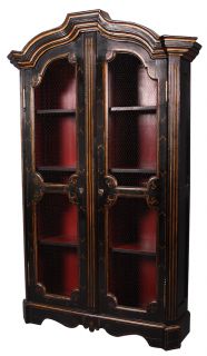 French Manor Bookcase Cabinet Black Gold Lattice Wire Front Red Inside 