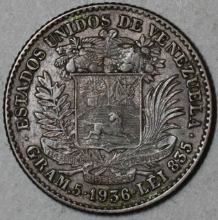 1936 Venezuela Silver 1 Bolivares Bolivar Nice Grade Example