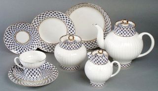 Lomonosov Porcelain Bone China Tea Set Cobalt Net 22pc