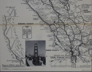 1939 Road Map Redwood Highway Golden Gate Bridge Northern California 