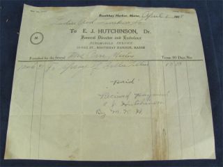 1929 Funeral Receipt E J Hutchinson Boothbay Harbor Me