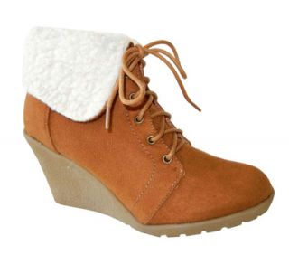   Lace up Fold Over Shearing Detail Wedge Ankle Boots Booties Tan AllSz