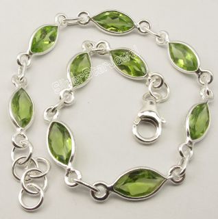 Pure Silver Natural Peridot Facetted Marquise Gems Beautiful Bracelet 