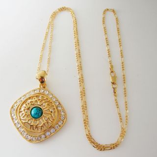 18K YELLOW GOLD OVERLAY FILL BRASS 24 NECKLACE SQUARE TURQUOISE CZ 