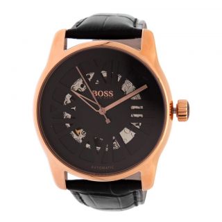   HUGO BOSS Mens Rose Gold Automatic Black Leather Watch 1512653 NWT