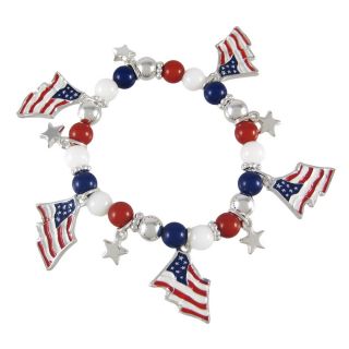   plated metal stretch bracelet has 5 dangling american flag charms