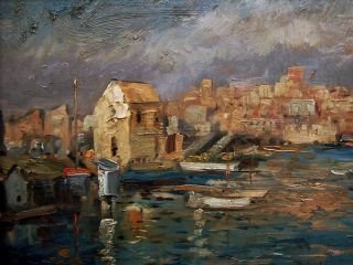   Century Oil Painting Boats in France Harbor by Lucien Adrion