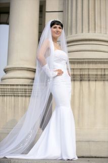 Bridal Veil Wedding 1 Tier White Cathedral Beaded Motif Rhinestone 