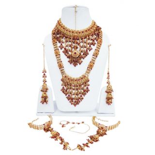   Traditional Pink Gold CZ Bridal Necklace Bollywood Wedding Jewelry Set