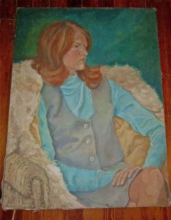 Vintage 60s 70s Brandywine Boho Oil Portrait Painting Seated Woman 