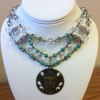 Brass Buddha Turquoise Necklace w Crystals Tibet Silver Art Deco Style 