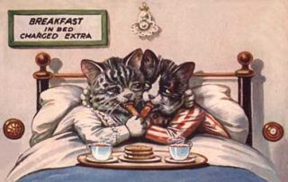 The breakfast in bed postcards show a animal or bird couple enjoying 