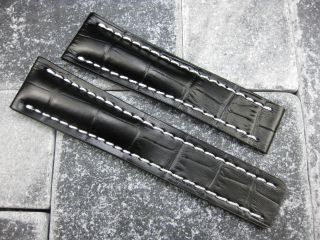 24mm Black Deployment Leather Strap Band Fit Breitling