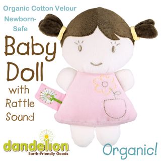 Newborn Safe DANDELION Pink ORGANIC Baby Rattle DOLL   Brunette First 
