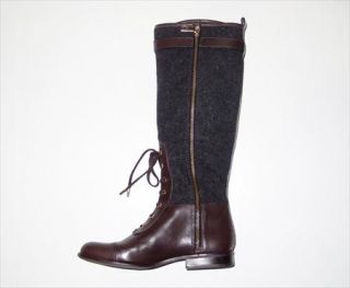 NIB TORY BURCH BRENT GRAY FLANNEL/BROWN LEATHER BOOTS SIZE 7.5