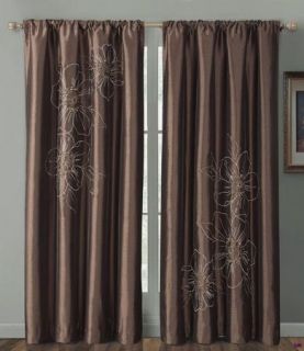   Embroidered Floral Chocolate Brown Faux Silk Window Curtains