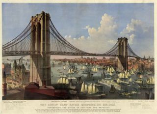 BROOKLYN BRIDGE NYC Office Art Large Vintage Currier & Ives Repo FREE 