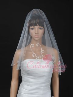 1T 55 White Embroidery Fingertip Length Bridal Veil (TS110008)