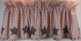 Country Red Cream Plaid Stenciled Navy Star Liberty Ruffled Lined 